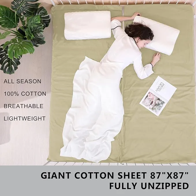 100% Cotton Sleeping Bag Liner with Full Length Zipper on 3 Sides; Single/Double Adult Sleep Sack for Travel & Camping, Multifunctional Travel Sheets (Unzipped 87”x87”) for Hotel, Lightweight