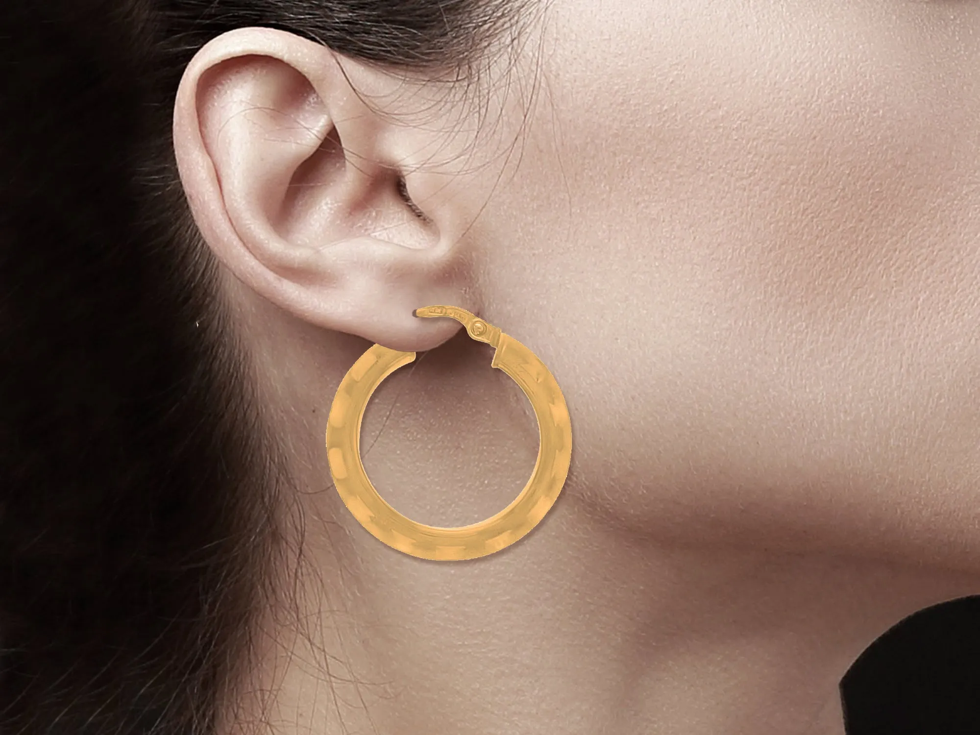 24mm Diamond Cut Satin finish 14k Yellow Gold Hoops
