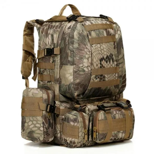 50L Outdoor Sports Rucksack Backpack Camping Hiking Camouflage Shoulder Bag Green Pythons Grain