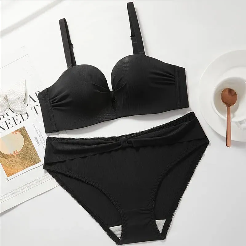 A Set Women's Detachable Shoulder Strap Underwear Small Chest Gathered Anti-skid Bra Set Summer Sexy Ultra-thin Solid Bow Hollow Out Underwear Briefs