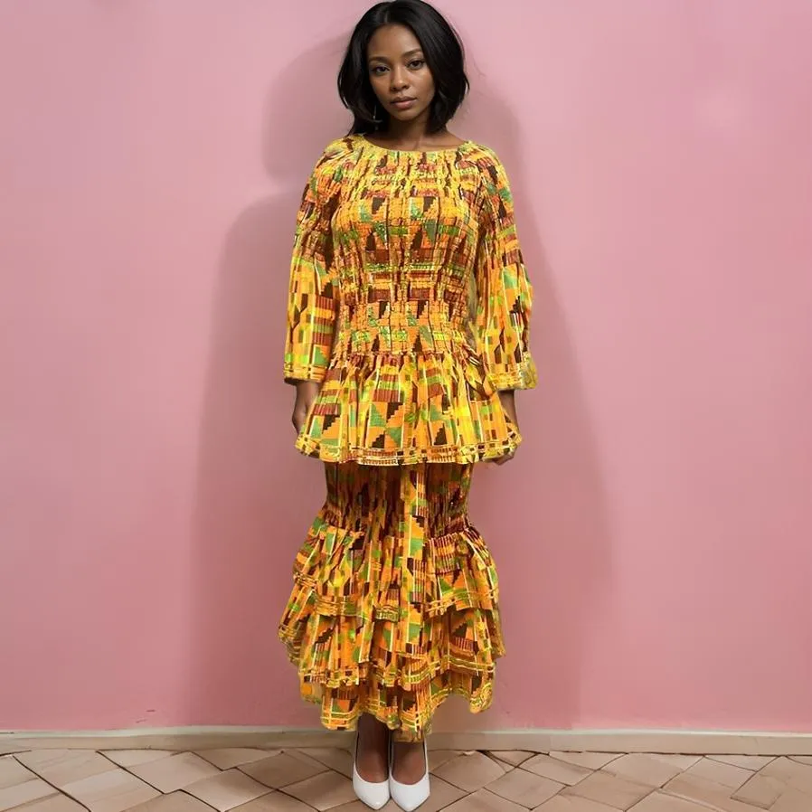 African Kente Style2 Print Top and Skirt Set