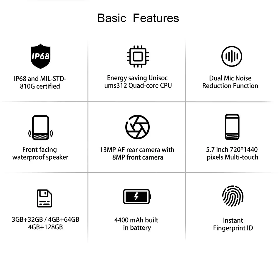 AGM A10 Front placed speaker 5.7"" HD  4G/6G  128G Android 9 Rugged Phone 4400mAh IP68 Waterproof Smartphone black_4GB 128GB-European version