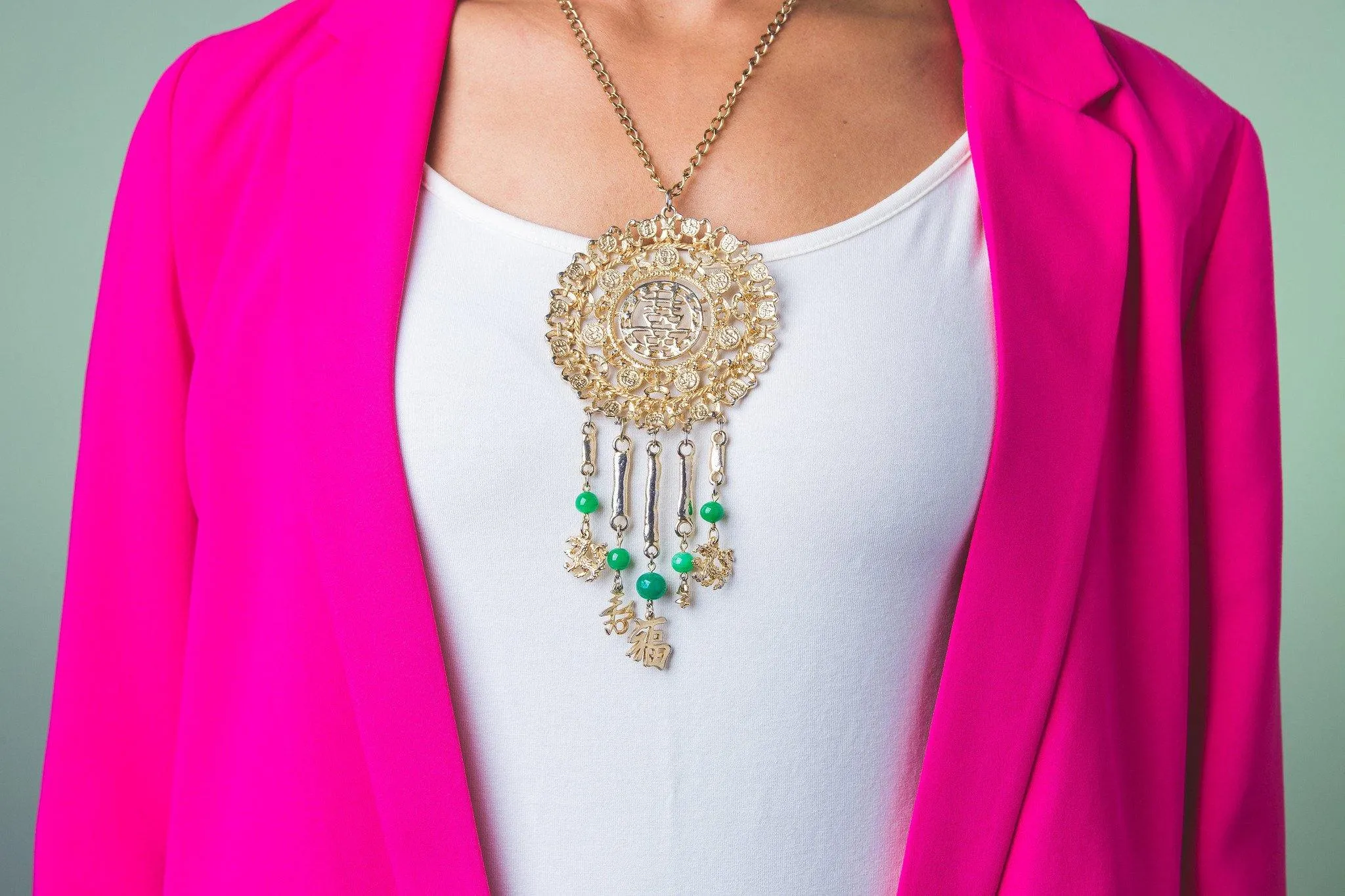 Asian Character Necklace with Faux Jade Detail by Goldette