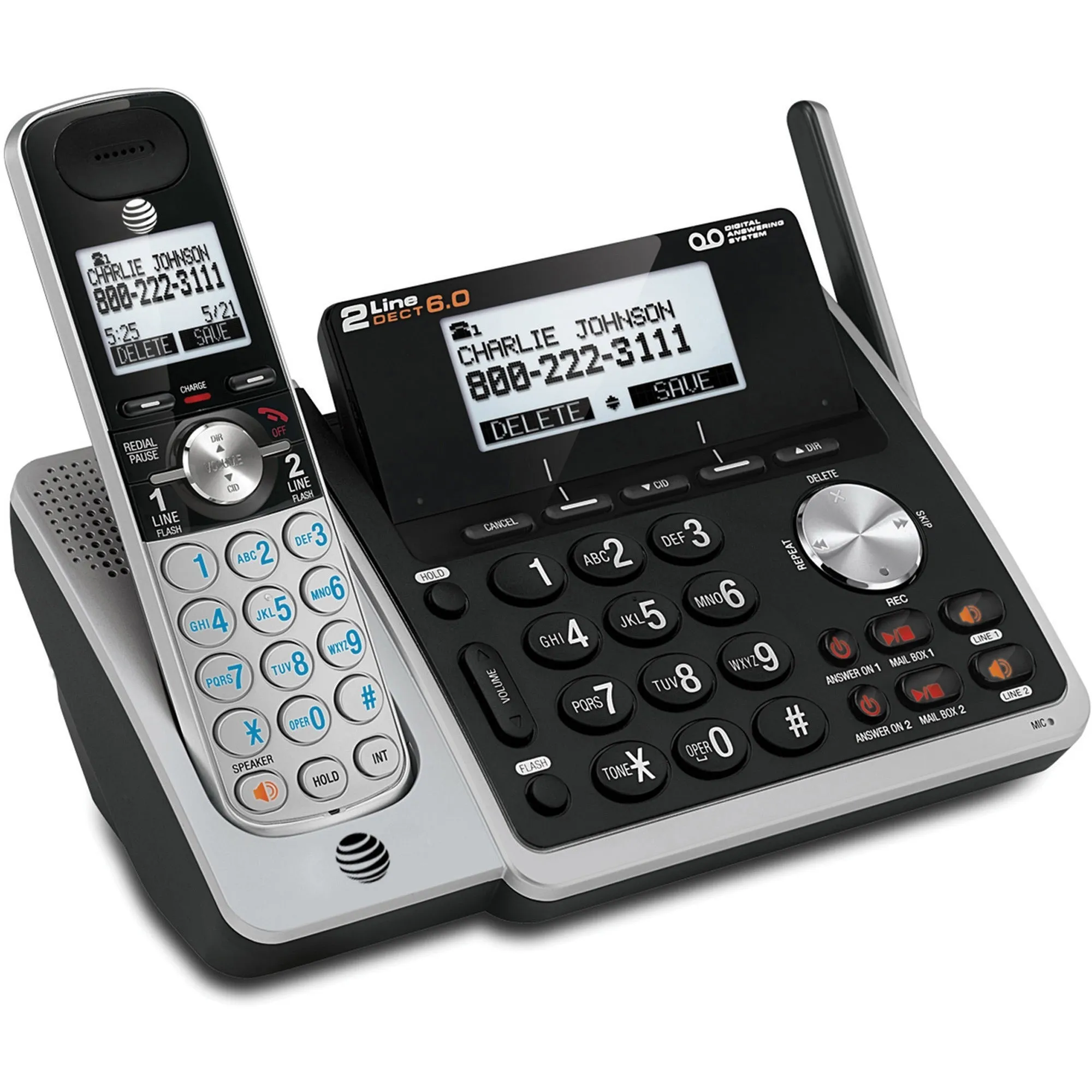 AT&T TL88102 DECT 6.0 2-Line Expandable Corded/Cordless Phone with Answering System, Silver/Black, 1 Handset