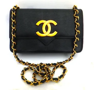 Authentic Chanel Vintage Jumbo CC Emblem Lizard Flapover