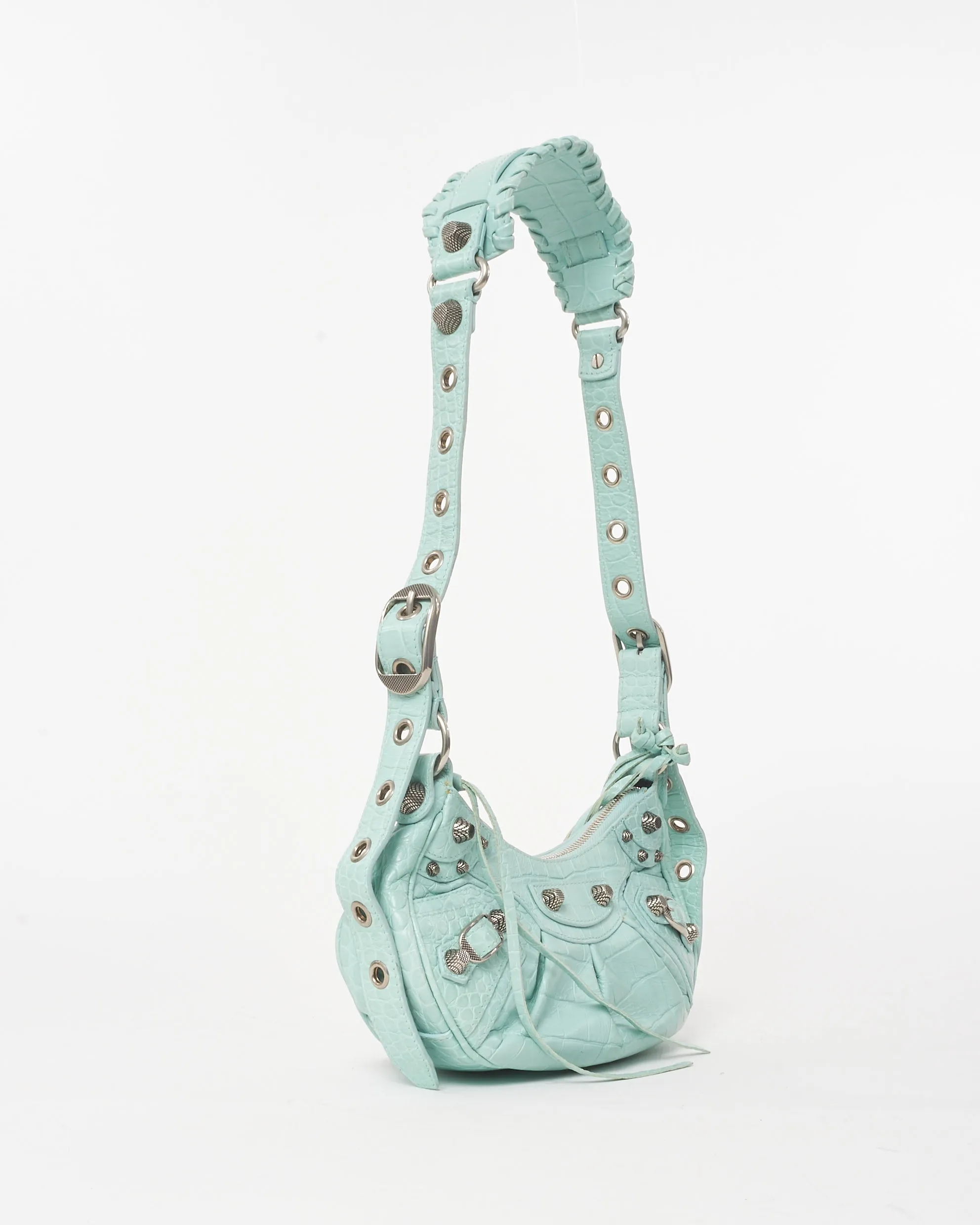 Balenciaga Light Mint Green Croc Embossed Leather Le Cagole XS Bag