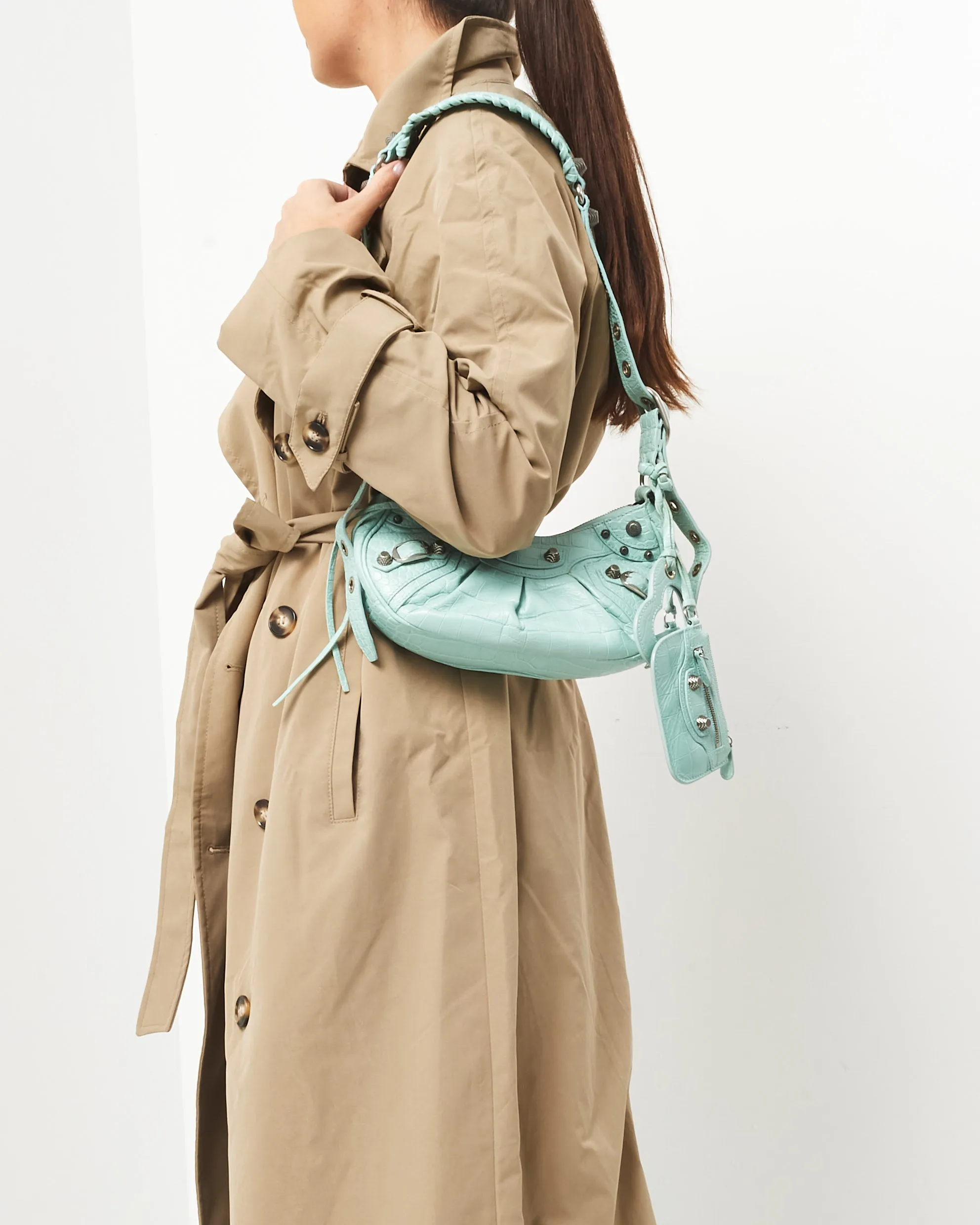 Balenciaga Light Mint Green Croc Embossed Leather Le Cagole XS Bag