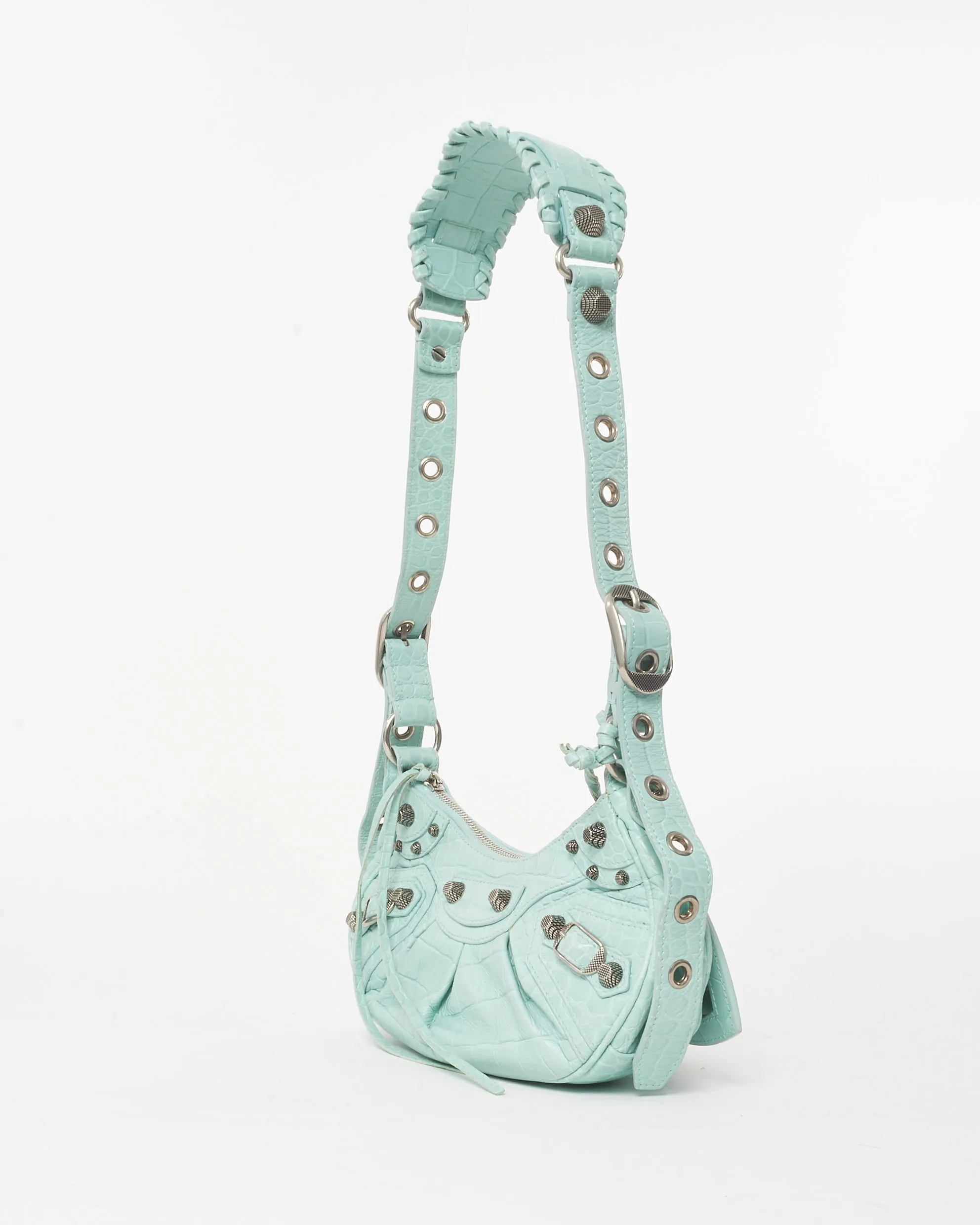 Balenciaga Light Mint Green Croc Embossed Leather Le Cagole XS Bag