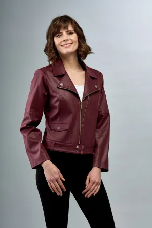 BCJ5703DA Faux Vegan Moto Jacket with Zipper & Stud Trim in Bordeaux