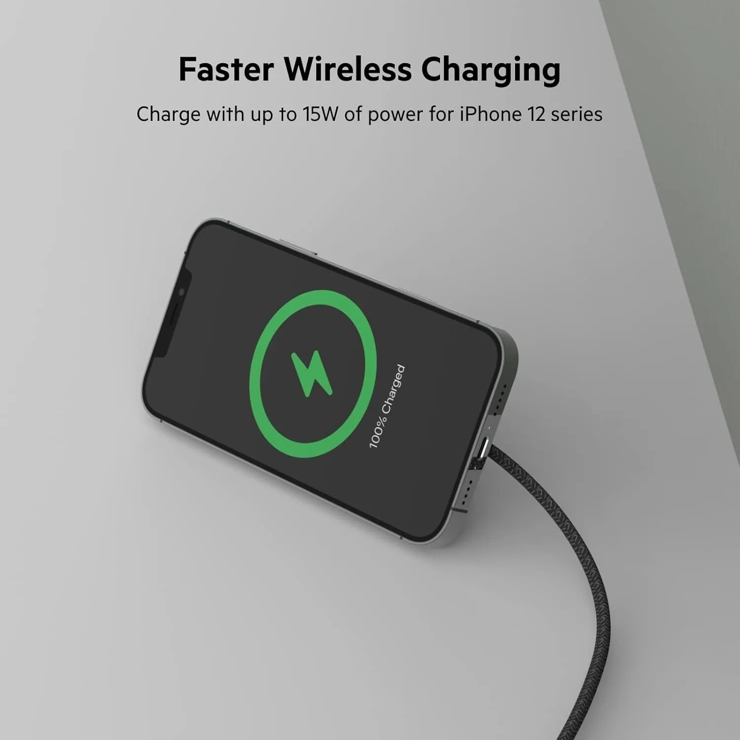 Belkin Wireless Charger for MagSafe, 15W Fast Charging Pad (PSU Not Included) w/Kick Stand & 6.6ft Long Braided Cable, Compatible w/iPhone 15, 15 Pro, 15 Pro Max, 14 & 13, and iPhone Mini - Black
