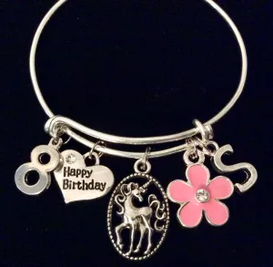 Birthday Girl 8 Years Old Child Size Adjustable Expandable Unicorn Charm Bracelet Kid's Personalized Initial Year Charm (Other Numbers Available upon Request)