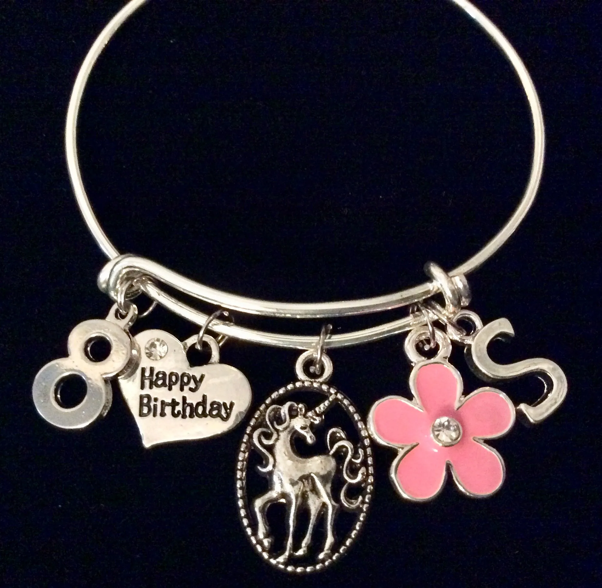 Birthday Girl 8 Years Old Child Size Adjustable Expandable Unicorn Charm Bracelet Kid's Personalized Initial Year Charm (Other Numbers Available upon Request)