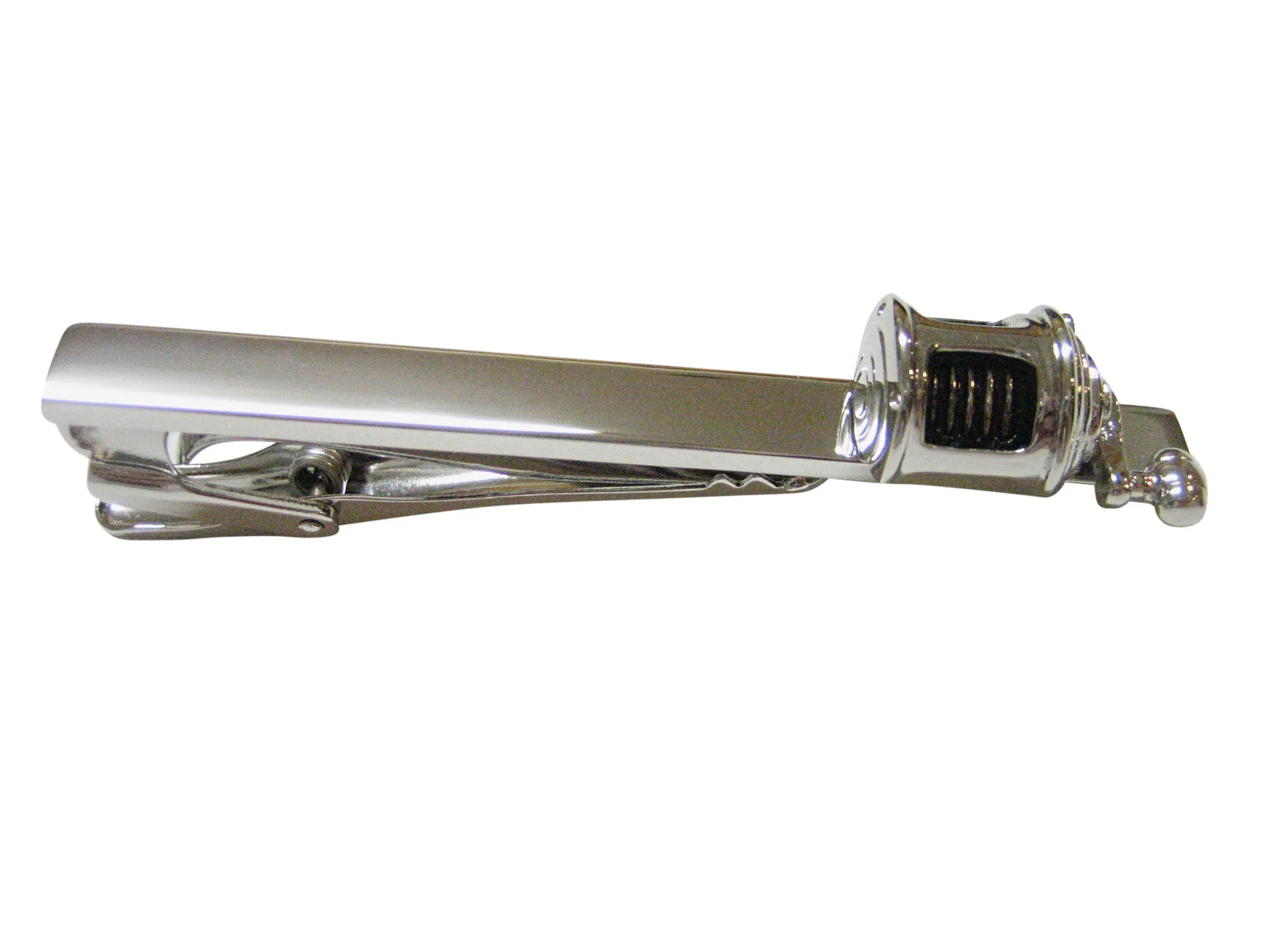 Black and Silver Toned Fishing Reel Square Tie Clip
