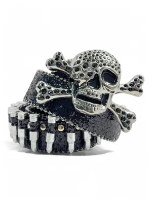 Black Glitter Skull Belt with Bullet Detailing – Gothic Rock Statement Piece