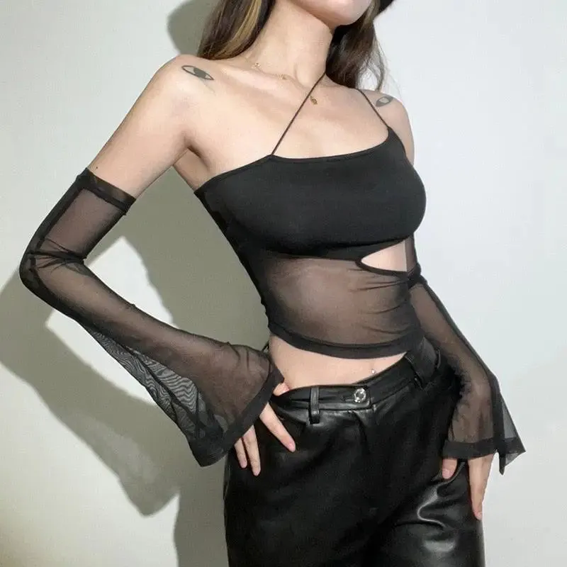 Black Halter Top with Detachable Sleeves for Y2K Grunge Chic