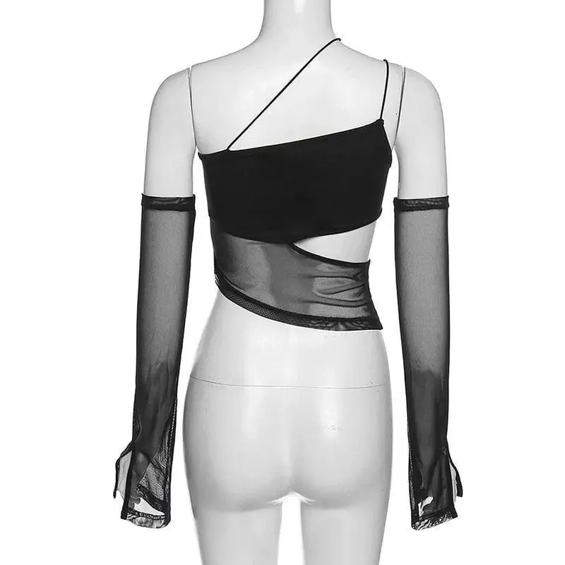 Black Halter Top with Detachable Sleeves for Y2K Grunge Chic