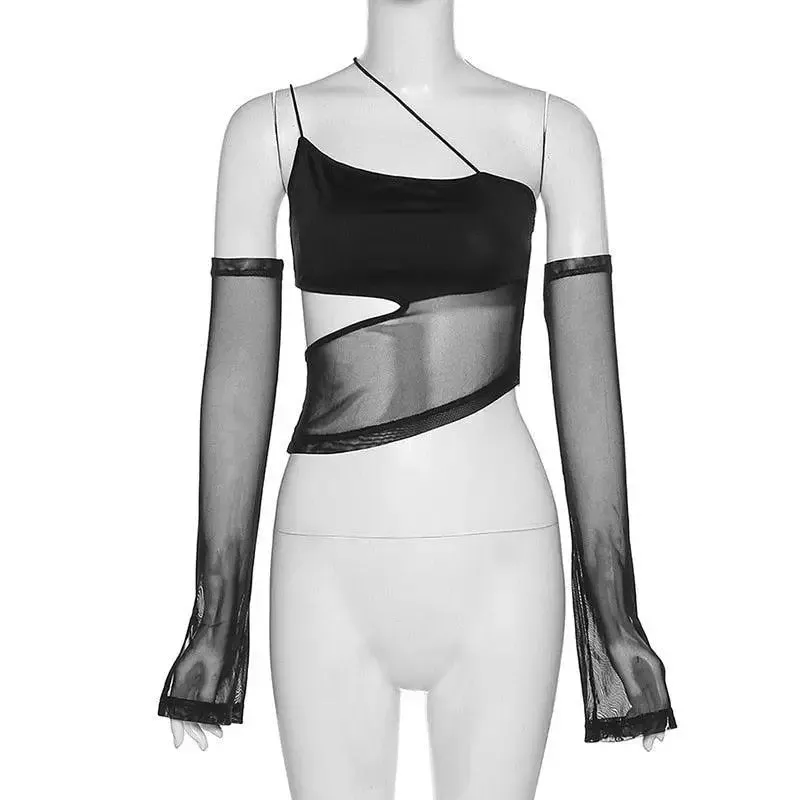 Black Halter Top with Detachable Sleeves for Y2K Grunge Chic