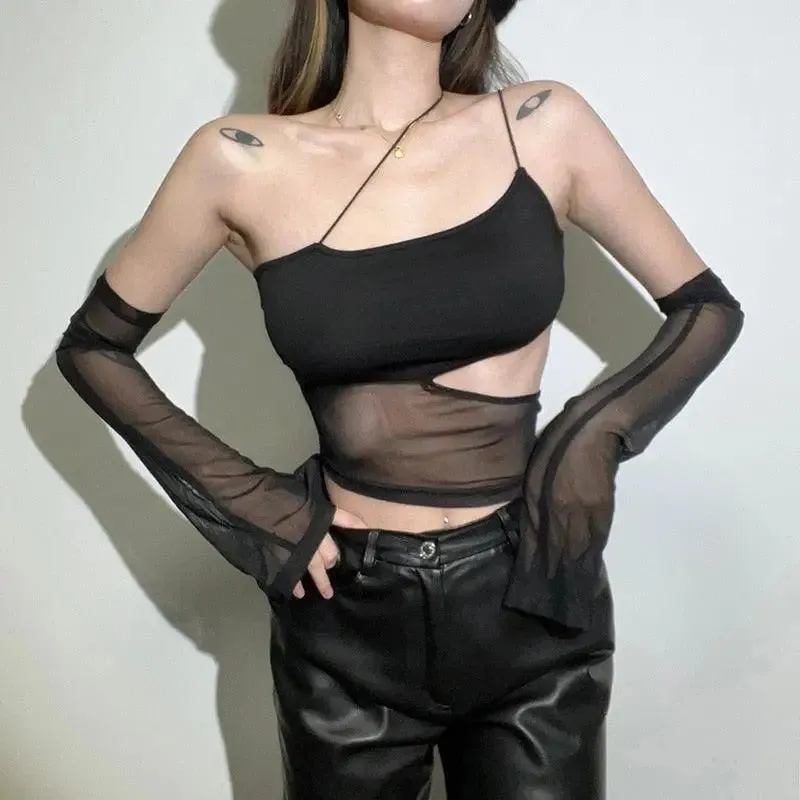 Black Halter Top with Detachable Sleeves for Y2K Grunge Chic