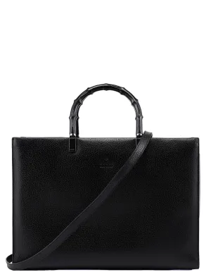Black Leather Bamboo 2-Way Tote Bag