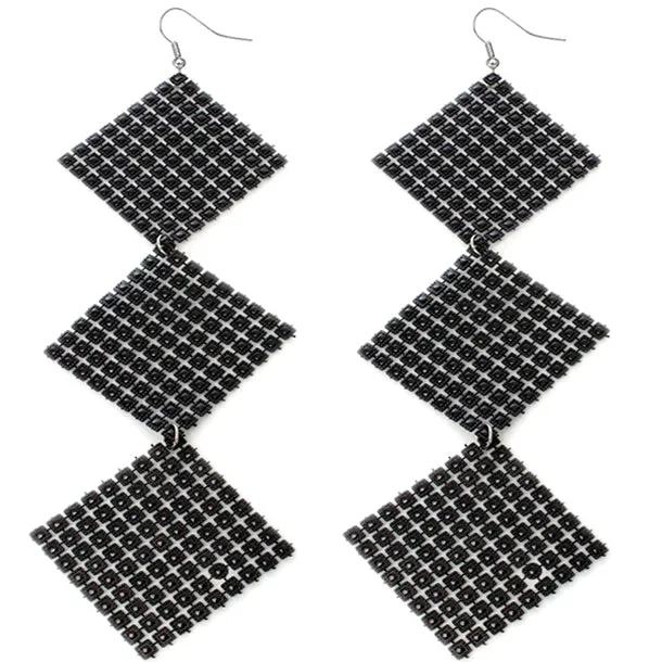 Black Long Triple Studded Mesh Dangle Earrings