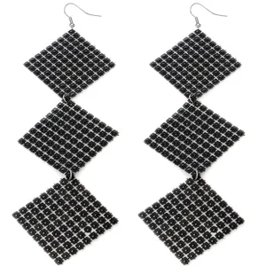 Black Long Triple Studded Mesh Dangle Earrings