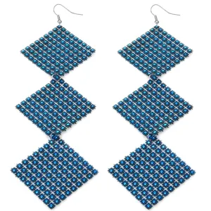 Blue Long Triple Studded Mesh Dangle Earrings