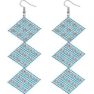 Blue Rhinestone Long Mesh Flat Earrings