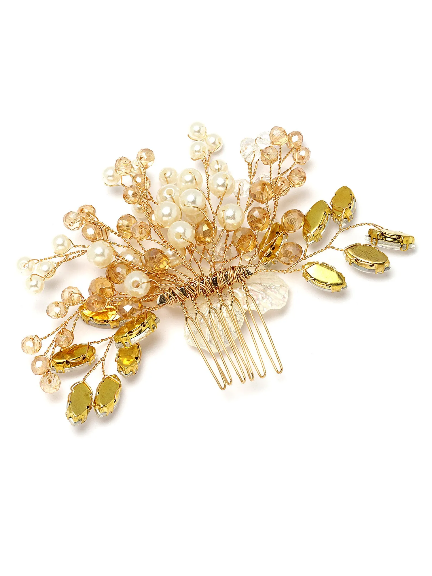 Bohey by KARATCART Golden Crystal and Pearl Studded Floral Hair Clip for Women