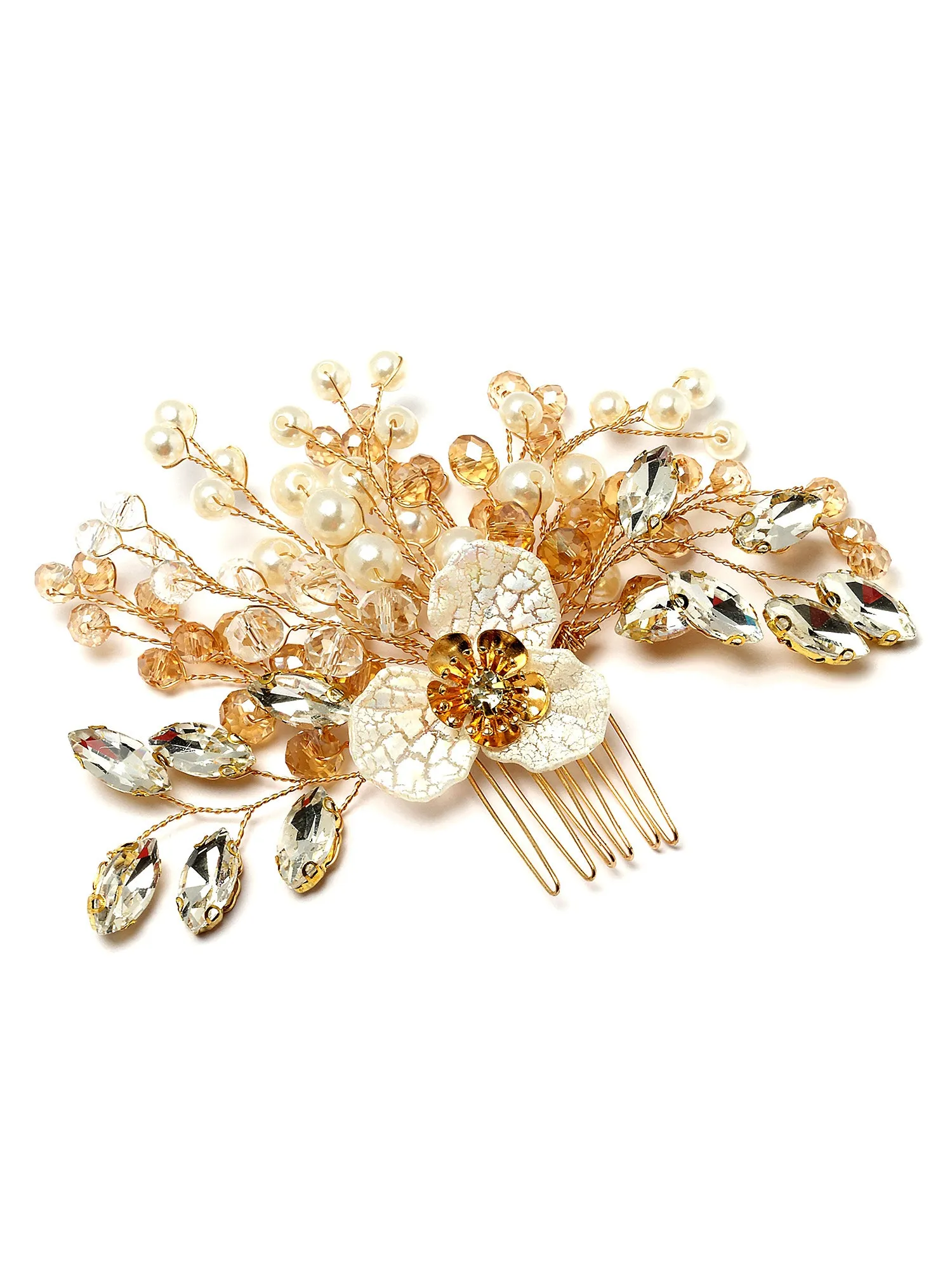 Bohey by KARATCART Golden Crystal and Pearl Studded Floral Hair Clip for Women