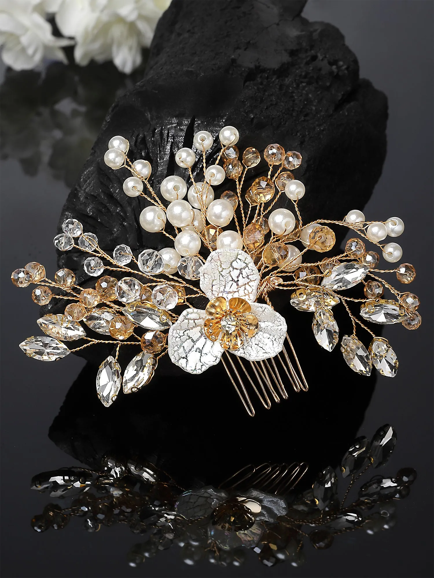 Bohey by KARATCART Golden Crystal and Pearl Studded Floral Hair Clip for Women