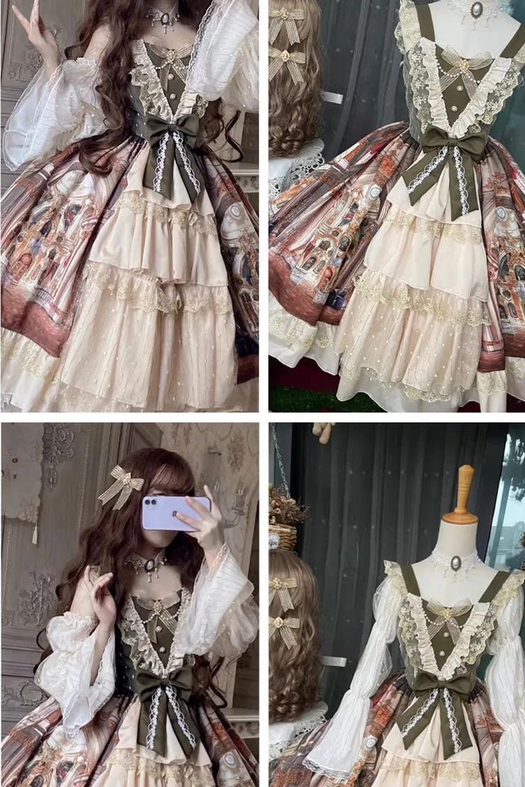 Brown Versailles Palace Oil Painting Print Ruffle Cardigan Bowknot Sweet Elegant Lolita Jsk Dress