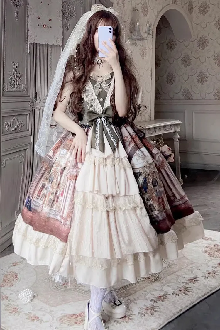 Brown Versailles Palace Oil Painting Print Ruffle Cardigan Bowknot Sweet Elegant Lolita Jsk Dress
