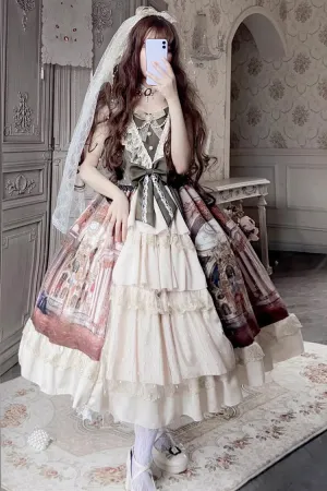 Brown Versailles Palace Oil Painting Print Ruffle Cardigan Bowknot Sweet Elegant Lolita Jsk Dress