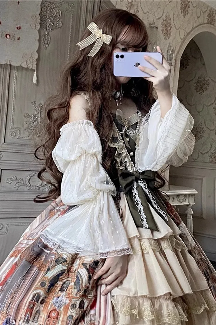 Brown Versailles Palace Oil Painting Print Ruffle Cardigan Bowknot Sweet Elegant Lolita Jsk Dress