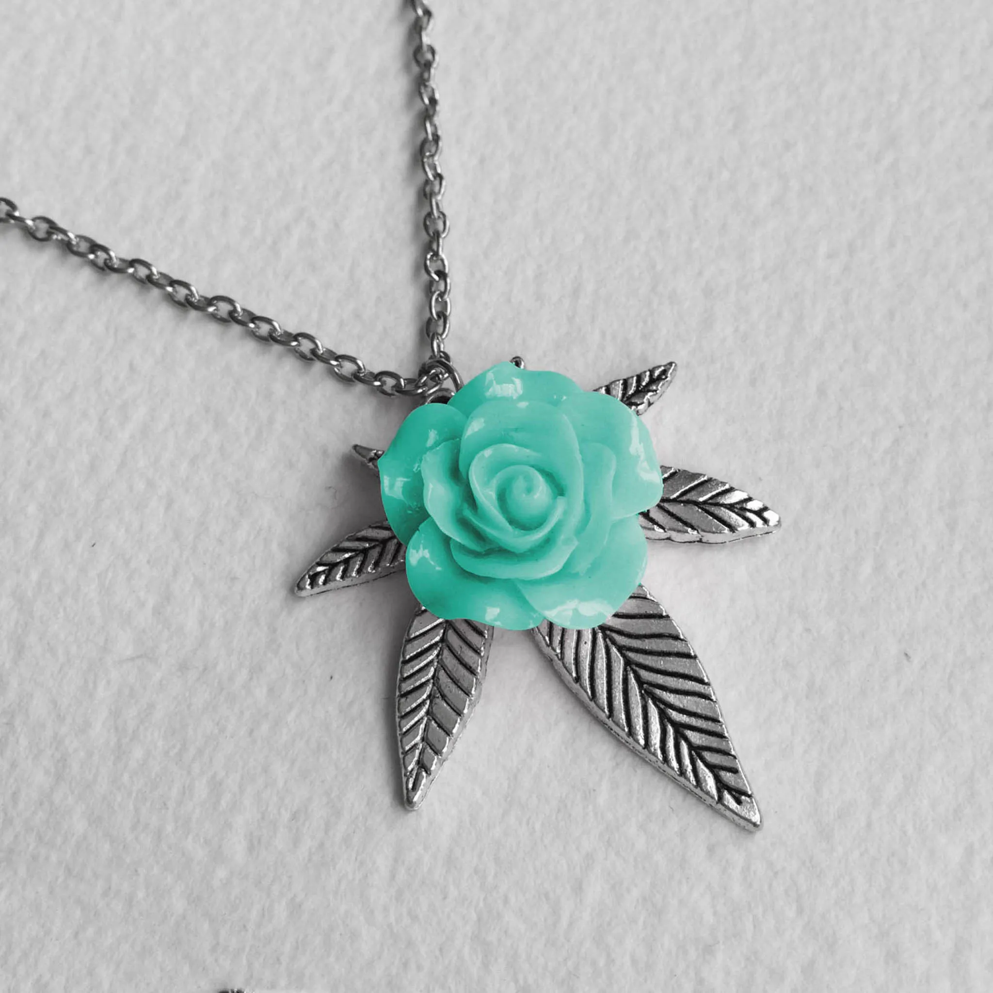 Cannabis Rose Weed Necklace - Silver & Mint