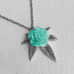 Cannabis Rose Weed Necklace - Silver & Mint