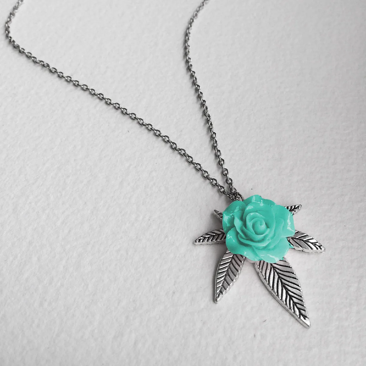 Cannabis Rose Weed Necklace - Silver & Mint