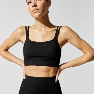 Carbon38 Ribbed Double Strap Sports Bra Black Cropped Size Small