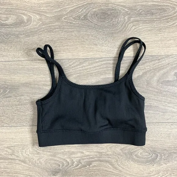 Carbon38 Ribbed Double Strap Sports Bra Black Cropped Size Small