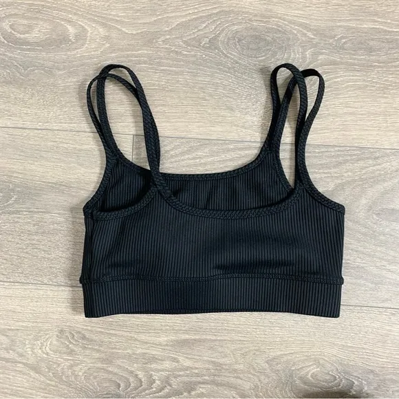 Carbon38 Ribbed Double Strap Sports Bra Black Cropped Size Small