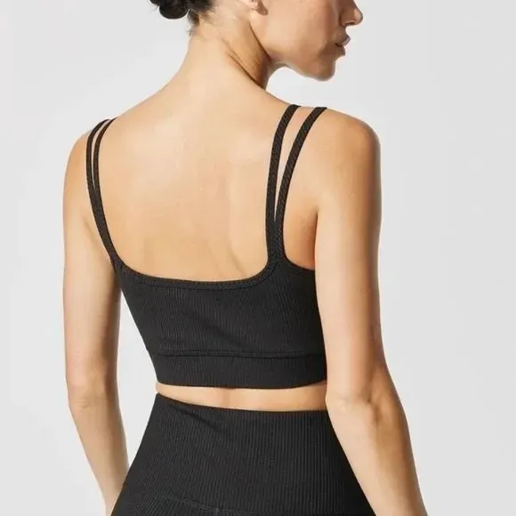 Carbon38 Ribbed Double Strap Sports Bra Black Cropped Size Small