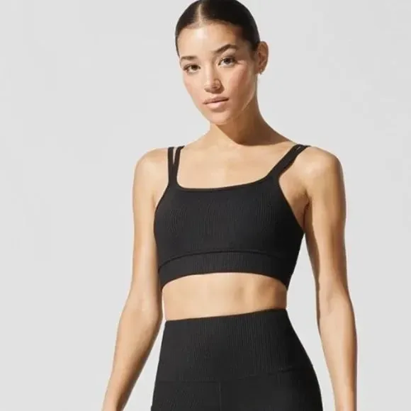 Carbon38 Ribbed Double Strap Sports Bra Black Cropped Size Small
