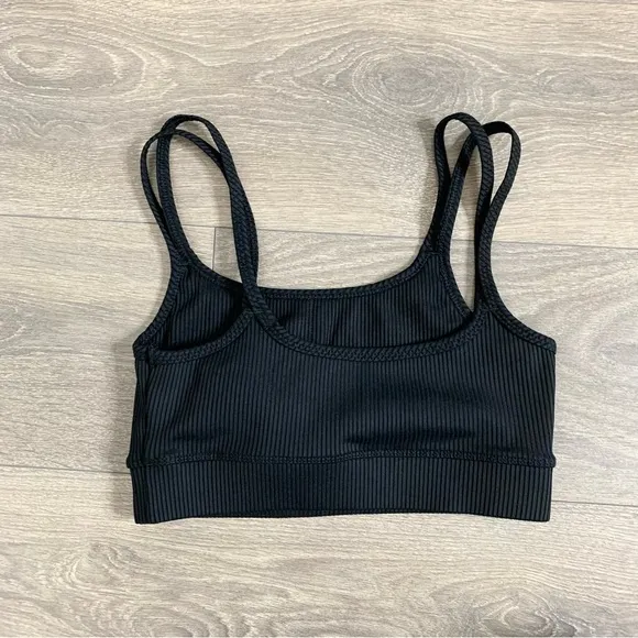 Carbon38 Ribbed Double Strap Sports Bra Black Cropped Size Small