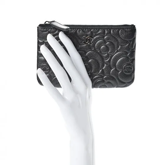 Chanel Goatskin Camellia Embossed Cosmetic Pouch Anthracite