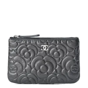 Chanel Goatskin Camellia Embossed Cosmetic Pouch Anthracite