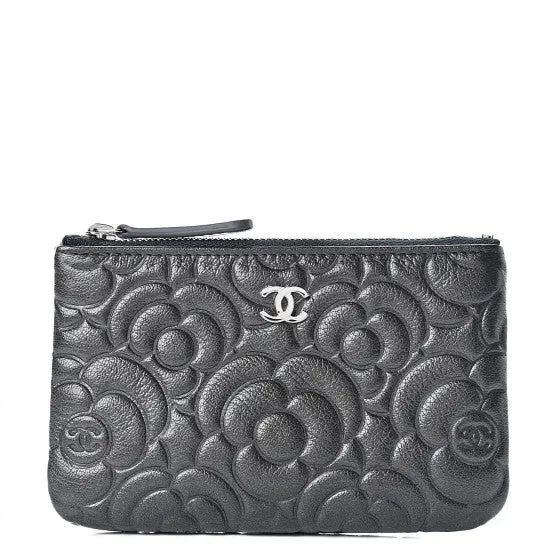 Chanel Goatskin Camellia Embossed Cosmetic Pouch Anthracite