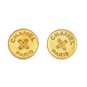 Chanel Paris Button Earrings Circa 1994 Yellow Gold Tone Round Clip On