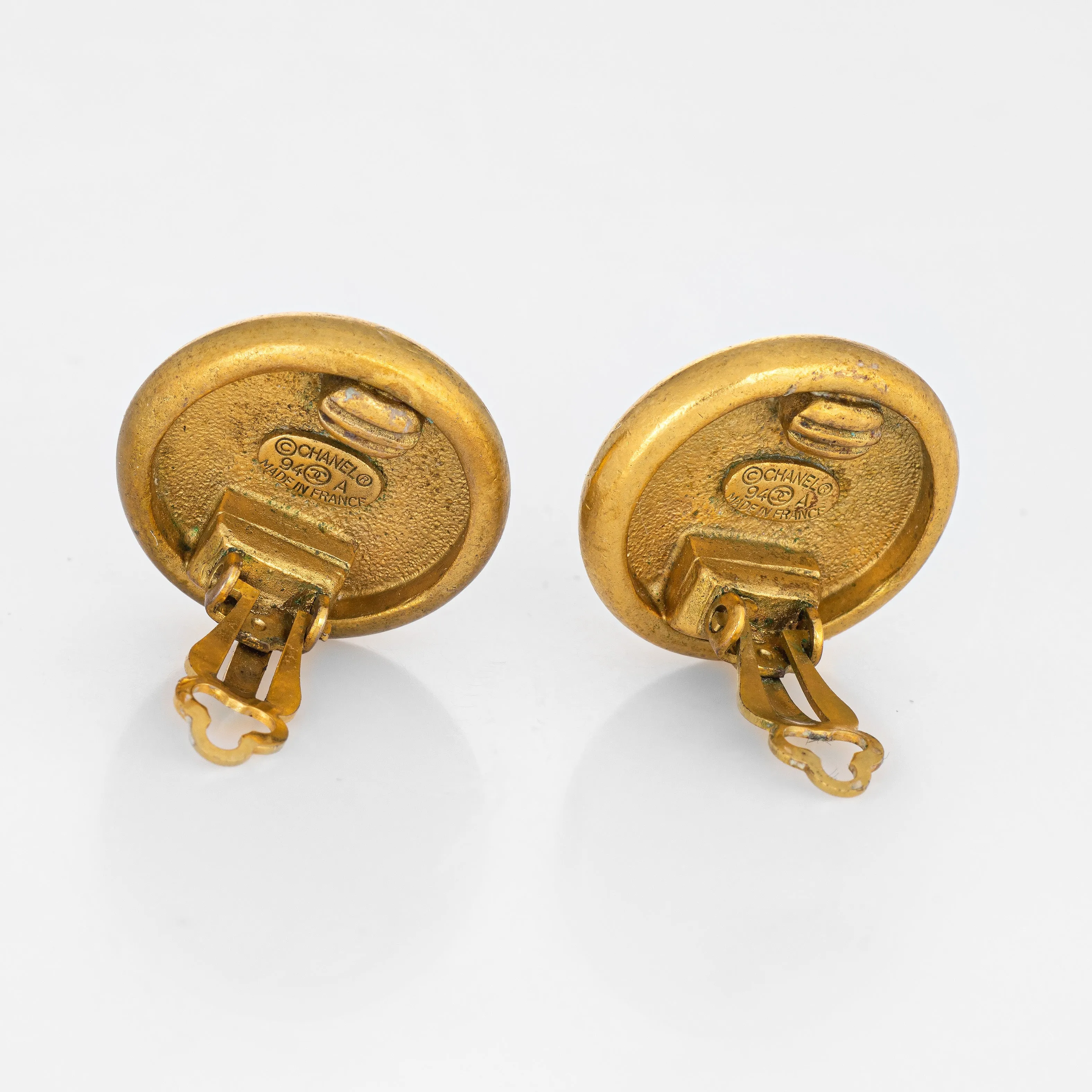 Chanel Paris Button Earrings Circa 1994 Yellow Gold Tone Round Clip On
