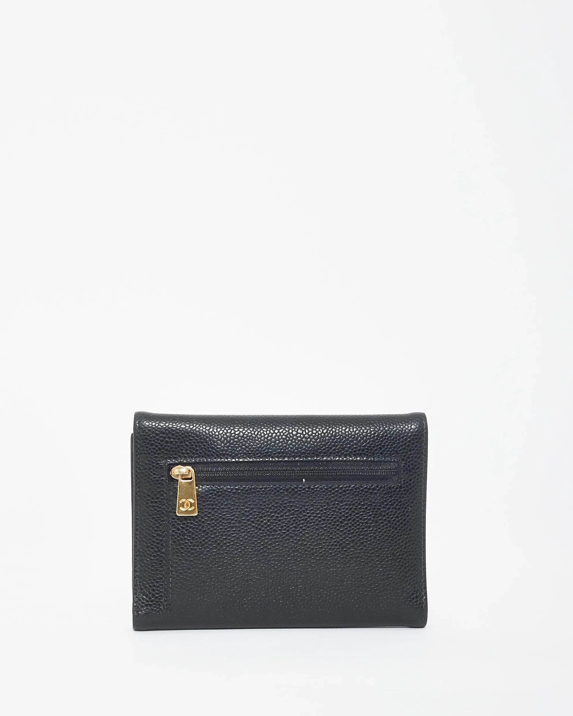Chanel Vintage Black Caviar Leather Embossed Logo Flap Wallet