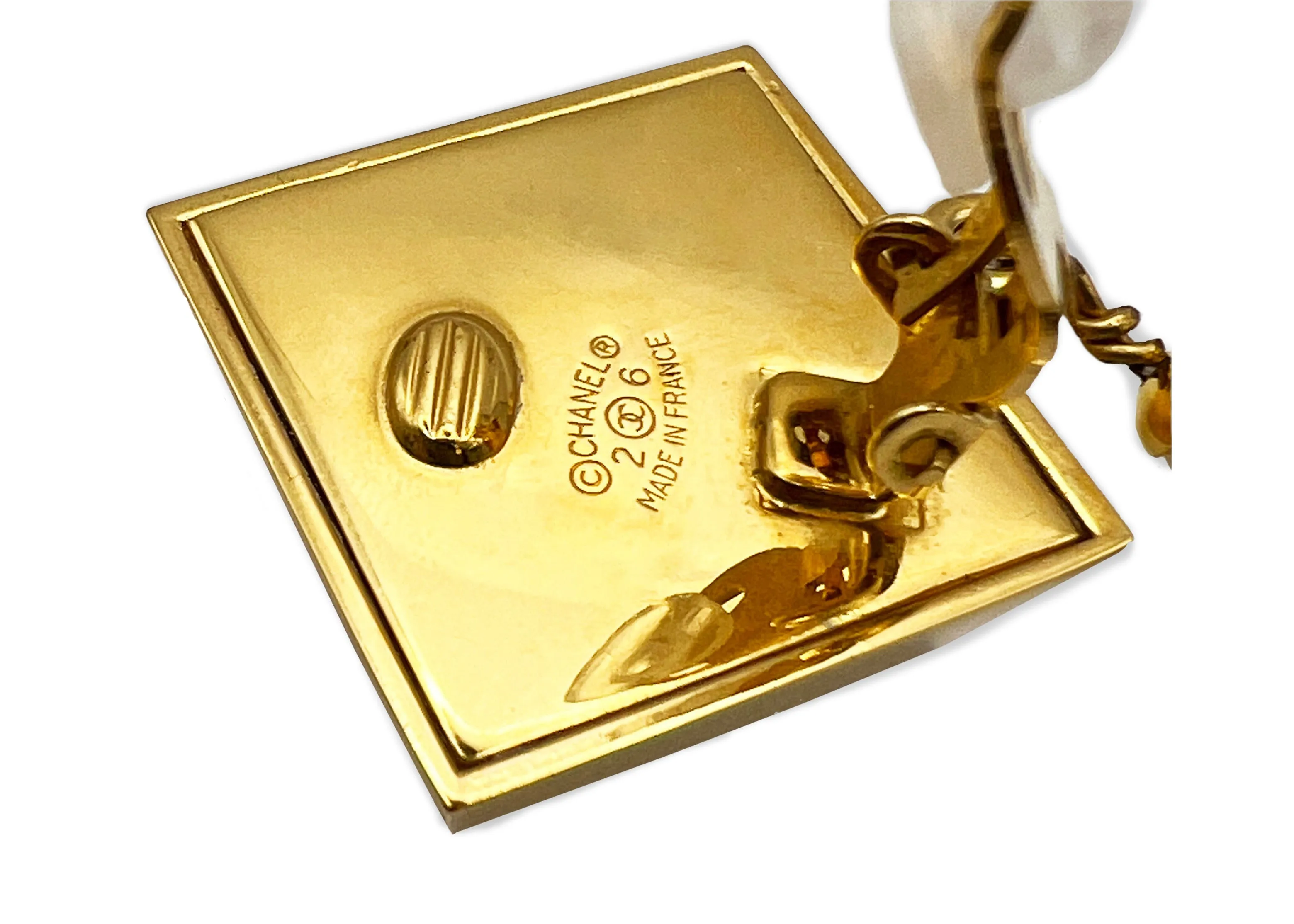 Chanel Vintage Rare Logo Square Block & Pearl Drop Earrings